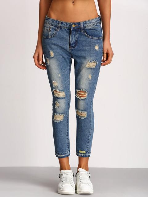 Pantalones Jeans Skinny Rotos Con Bolsillos