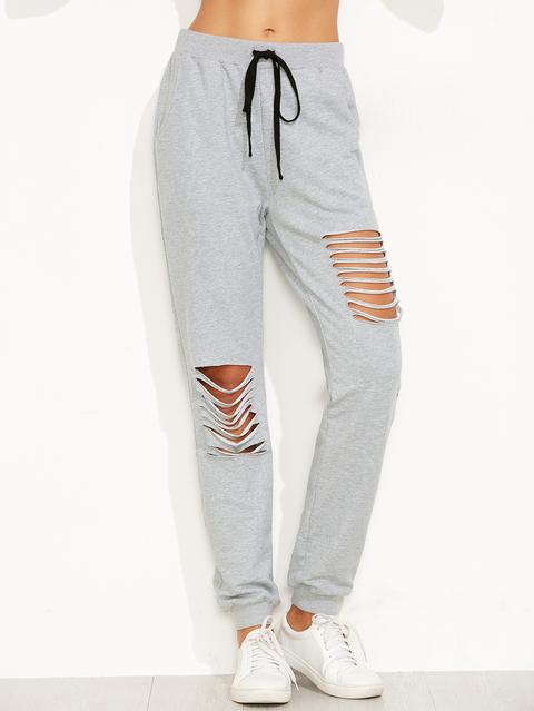 Heather Grey Ripped Drawstring Sweatpants
