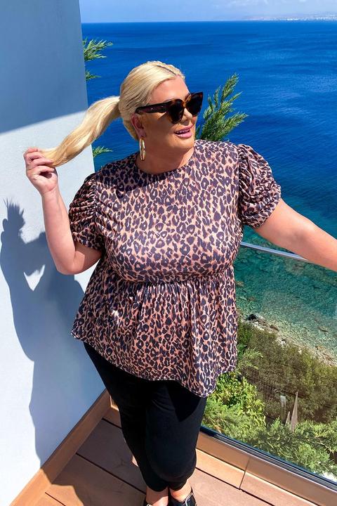 Brown Tops - Plus Size Gemma Collins Brown Leopard Print Puff Sleeve Top