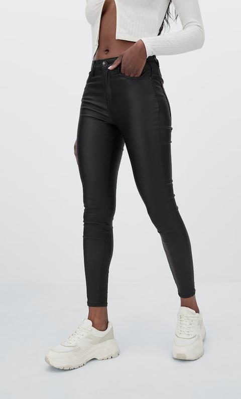Stradivarius Pantalon Taille Haute Enduit Noir 40