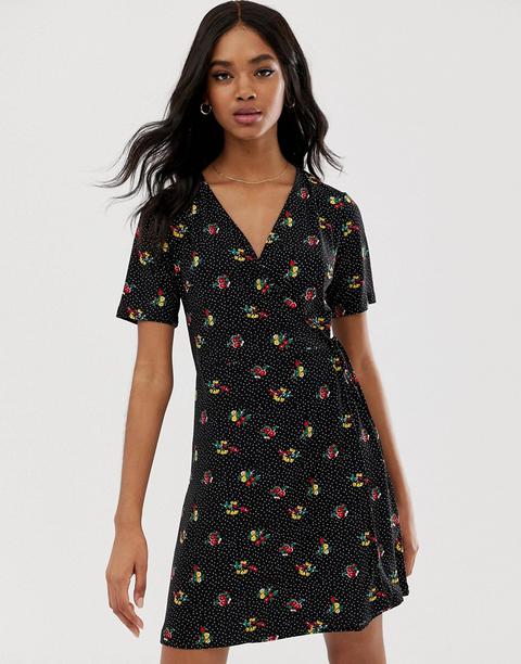 Qed London V Neck Skater Dress In Black Floral Print