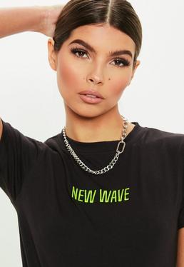 T-shirt Noir Brodé "new Wave"