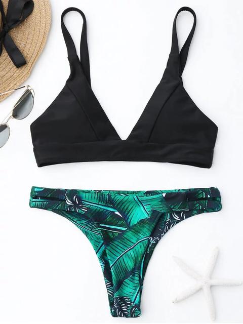 Conjunto Bikini Tanga Estampado Hoja Black