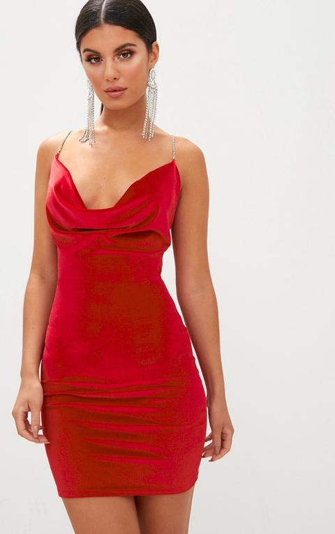 Red Velvet Cowl Neck Diamante Strap Bodycon Dress, Red