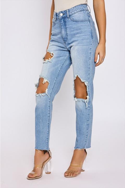 Finleigh Ripped Light Wash High Waisted Mom Jeans