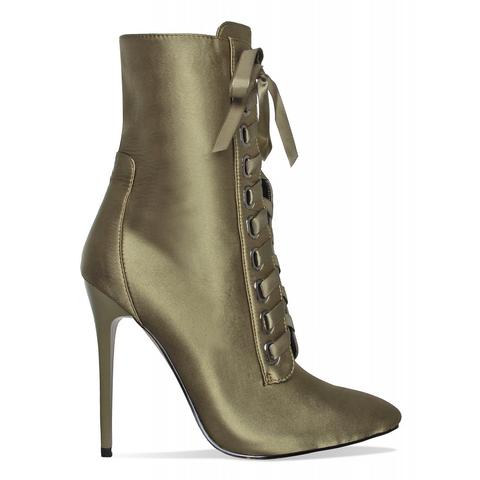 Cassie Khaki Satin Lace Up Pointed Ankle Boots