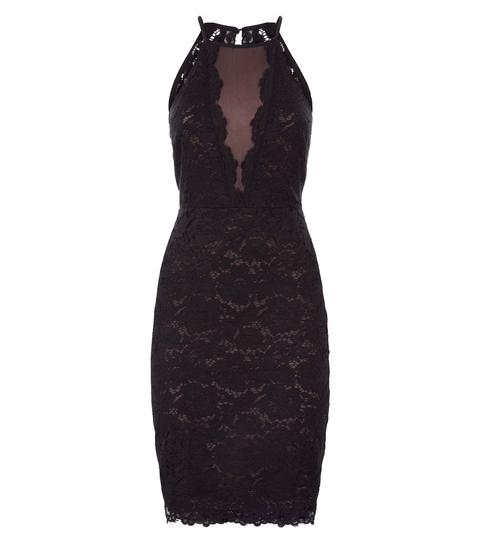 Black Lace High Neck Mesh Front Bodycon Dress