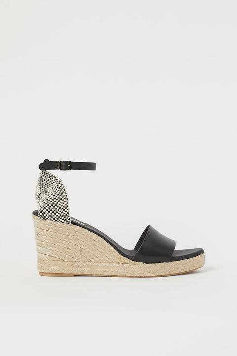 Wedge-heeled Leather Sandals - Black