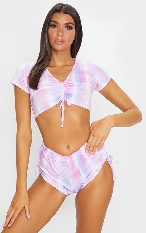 Pastel Pink Tie Dye Ruched Top And Short Pj Set