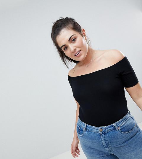 Body Negro Con Escote Bardot Y Manga Corta De Asos Design Curve