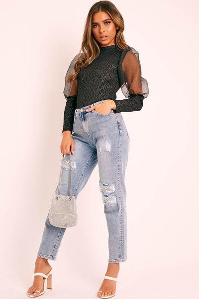 Blue Ripped Silver Diamante Embellished Boyfriend Jeans - Naina