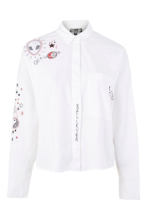 Womens Doodle Embroidered Shirt - White, White
