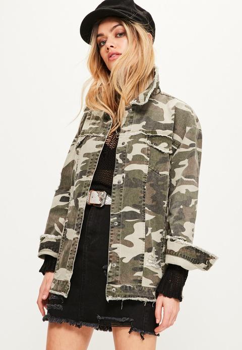 Khaki Camouflage Raw Edge Trucker Jacket, Khaki