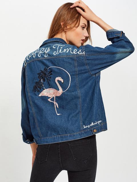 Flamingo Embroidered Back Denim Jacket