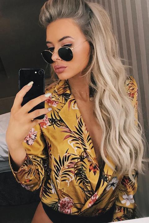 Mustard Floral Plunge Satin Bodysuit - Rebeka