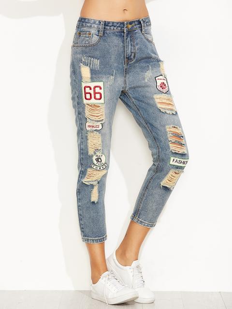 Blue Distressed Ripped Embroidered Patch Jeans