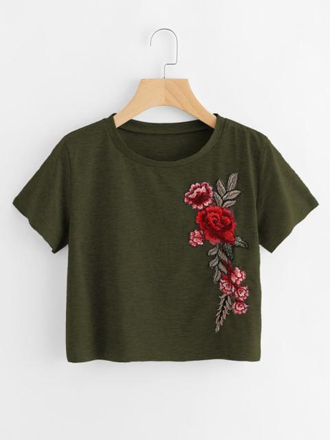 Embroidered Applique Raw Trim Crop Marled T-shirt