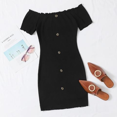 Off Shoulder Button Front Lettuce Edge Dress