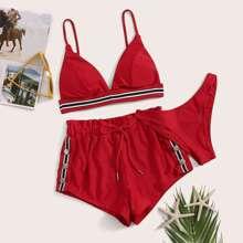Set De Bikini Ribete De Rayas Con Shorts 3 Paquetes