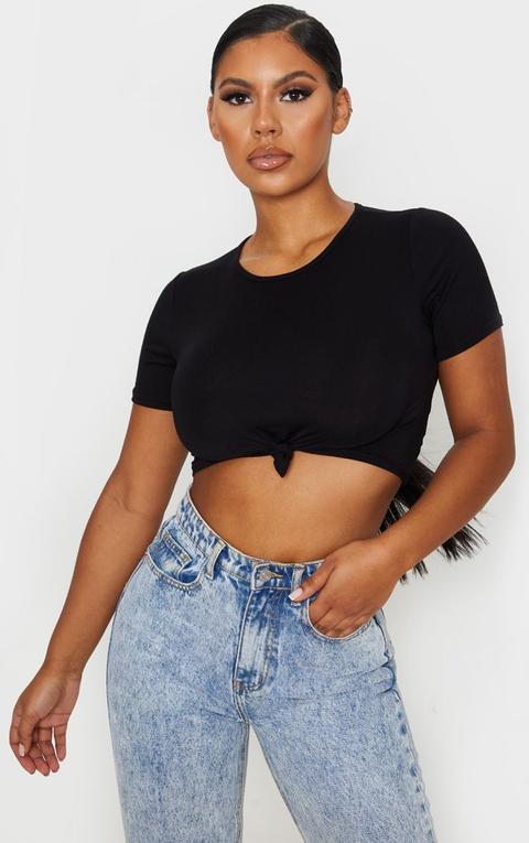 Black Jersey Knot Front Crop T Shirt