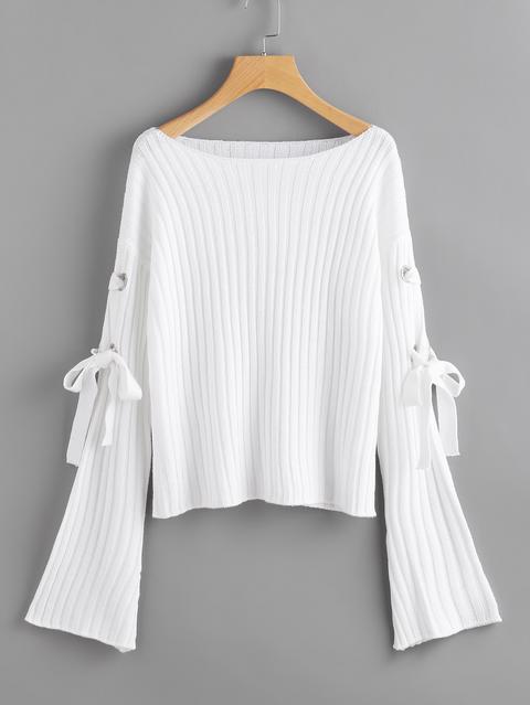 Eyelet Lace Up Fluted Sleeve Ribbed Jumper