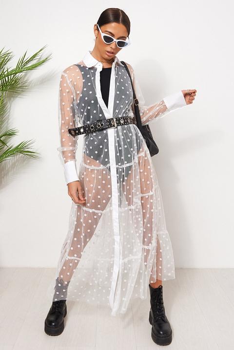 White Frill Mesh Polka Dot Shirt Dress