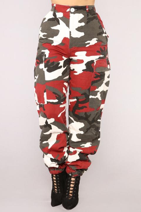 red black and white camo pants