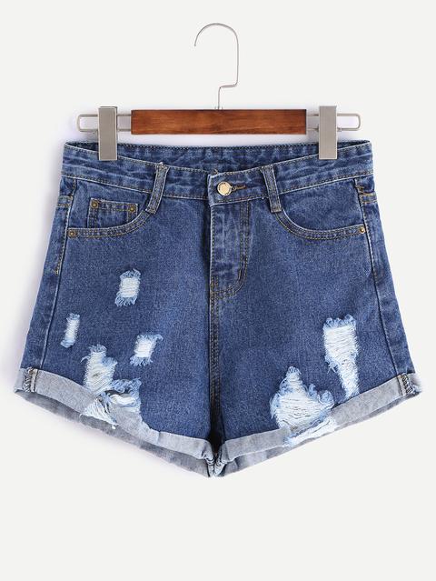 Dark Blue Frayed Cuffed Denim Shorts