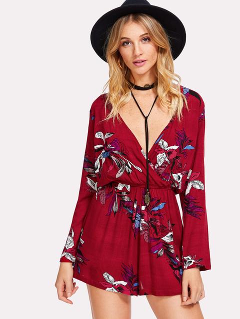 Botanical Print Surplice Neckline Romper