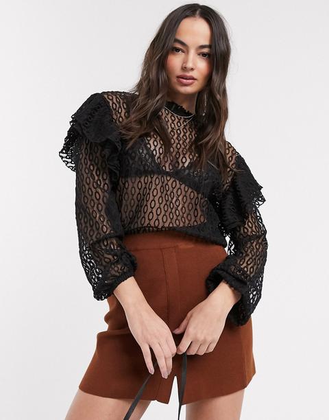 Blusa De Encaje Con Volantes En Los Hombros En Negro De River Island