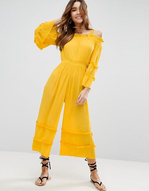 Asos - Tuta Lunga Stropicciata Con Spalle Scoperte E Volant - Giallo