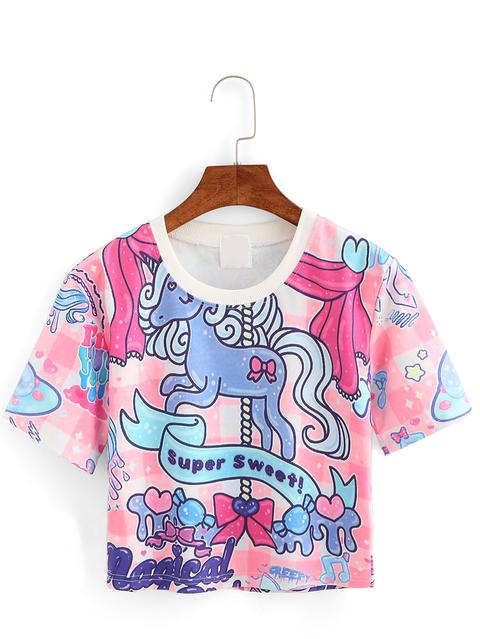 Contrast Neck Unicorn Print Crop T-shirt