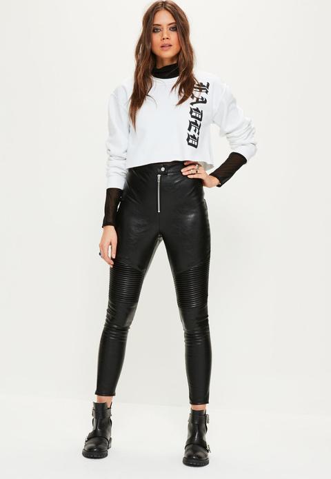 Black Biker Knee Zip Detail Faux Leather Leggings, Black