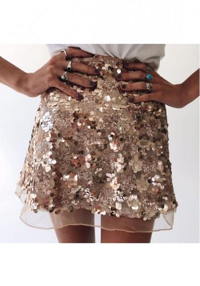 Golden Plain Glitter Sparkly Sequin Grenadine High Waisted Cute Skater Mini Skirt