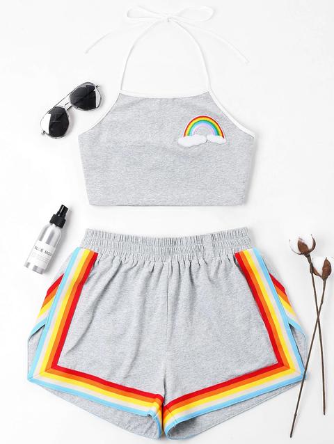 Top Con Halter E Pantaloncini Con Patch Di Arcobaleno Gray