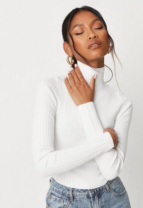 Recycled White Rib High Neck Knit Crop Top, White