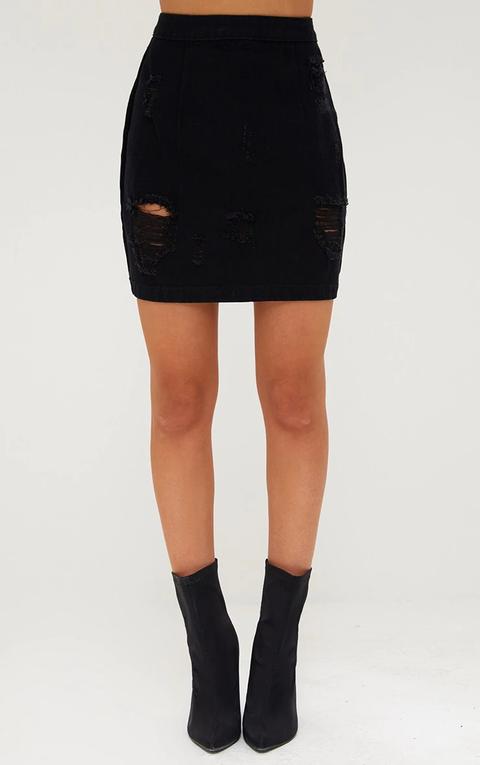 black distressed rip denim mini skirt