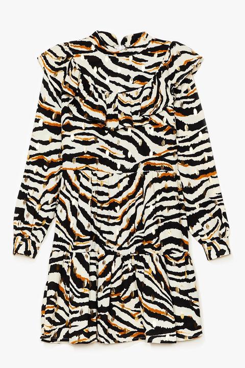 Womens Zebra Print Ruffle High Neck Mini Dress