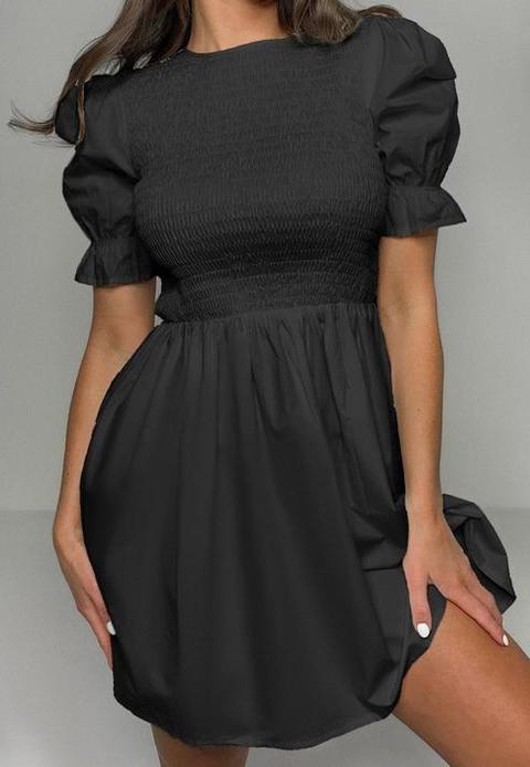 Black Shirred Bust Frill Sleeve Dress, Black