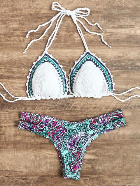 Set Bikini Con Estampado Detalle De Abertura De Croché