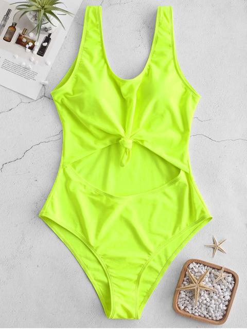 Zaful Neon Cut Out Knot Backless Traje De Baño Green Yellow