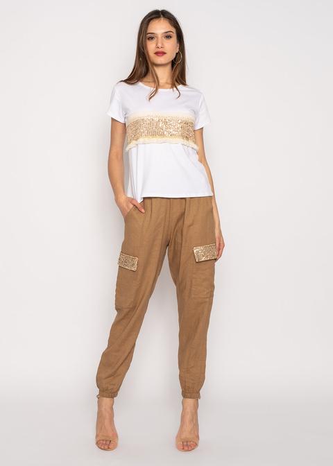 Pantalone Lino E Paillettes Cargo