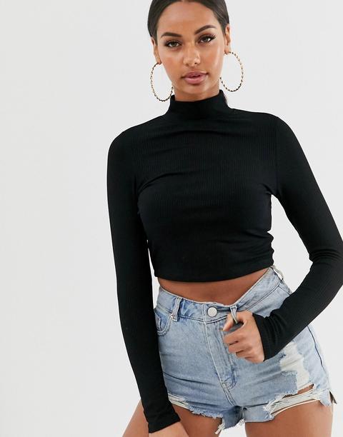 Top Corto De Canalé Negro Con Manga Larga Y Cuello Alto De Asos Design