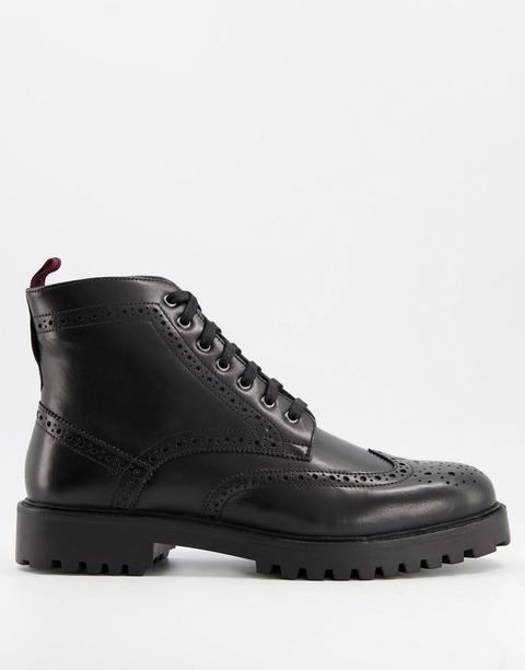Walk London Sean Chunky Brogue Boots In Black Leather