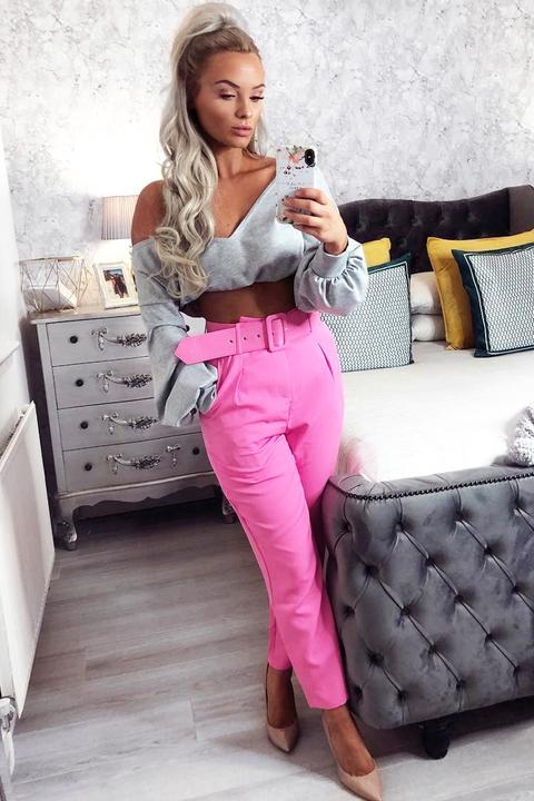 Grey Plunge Off Shoulder Cropped Sweatshirt - Zarah