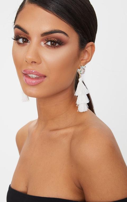 White Jewel Stud Triple Tassel Earrings