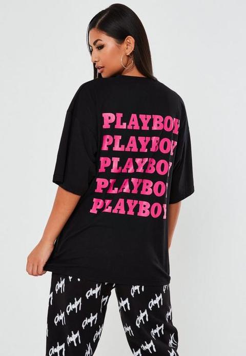 Playboy X Missguided Black Oversized Graphic T Shirt, Black