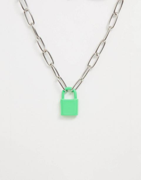 Asos Design Necklace With Colour Padlock And Hardware Chain In Silver Tone