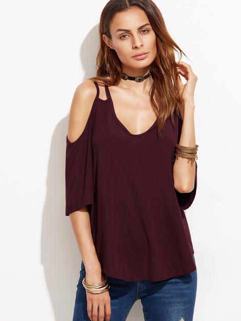 Burgundy Strappy Cold Shoulder T-shirt