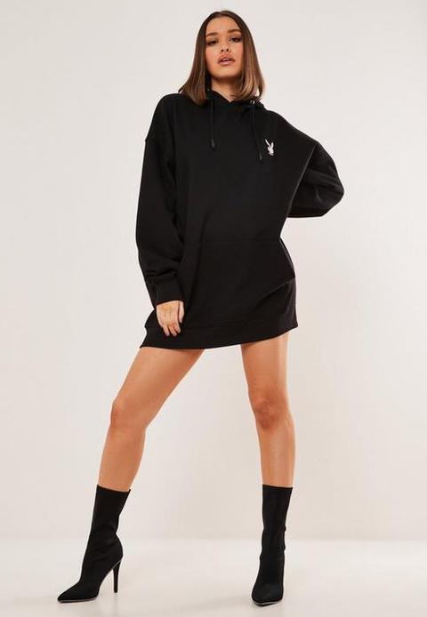 Playboy X Missguided Black Repeat Print Hoodie Sweater Dress